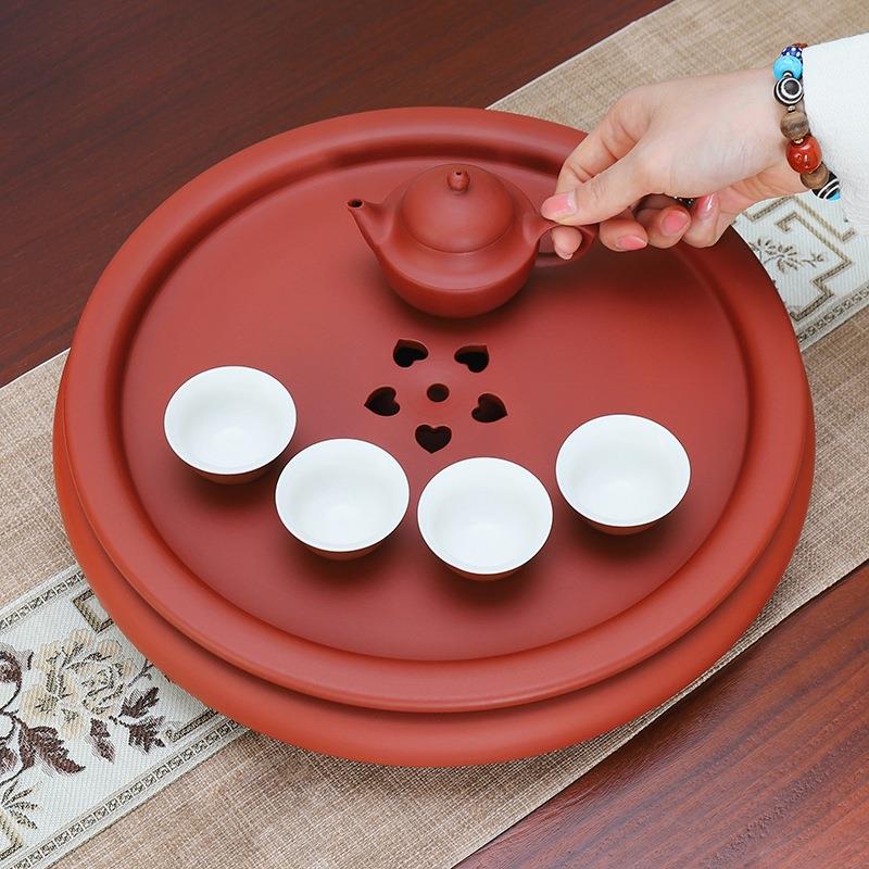 潮汕朱泥手拉茶盘传统工夫茶圆形紫砂茶船储水式干泡台茶海泡茶台