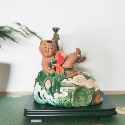 石湾陶瓷连生贵子工艺摆件招财中式家居喜庆二胎装饰品莲藕童子
