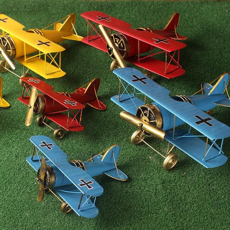 双翼铁皮飞机模型 大号复古怀旧铁艺飞机摆件P 酒吧橱窗摄影道具