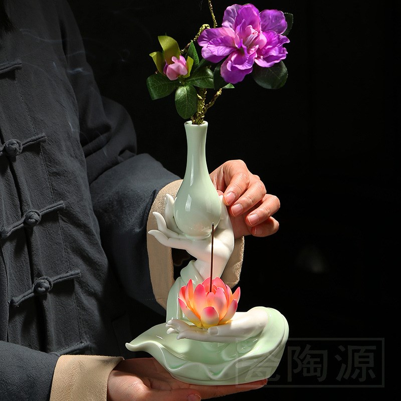 禅意佛手莲花线香插摆件创意家居客厅玄关花瓶软装装饰.干花插花