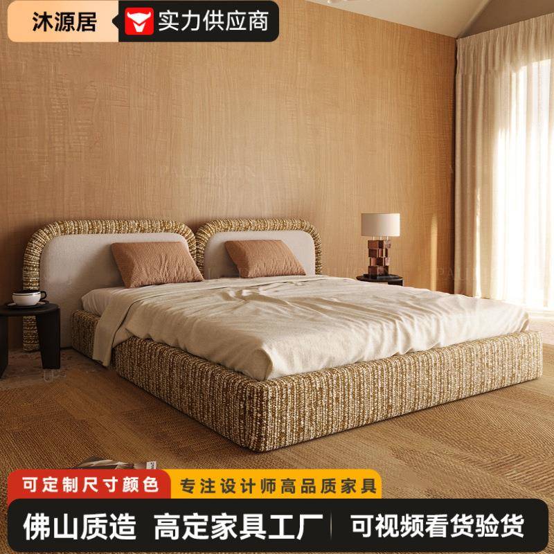 意式诧寂豆腐块卧室家用布艺床轻奢高端棉麻简约主卧1.8米双人床