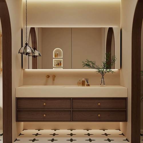 中复古岩板热弯无缝陶瓷一体盆浴室柜组合卫生间洗漱盆实木挂墙式