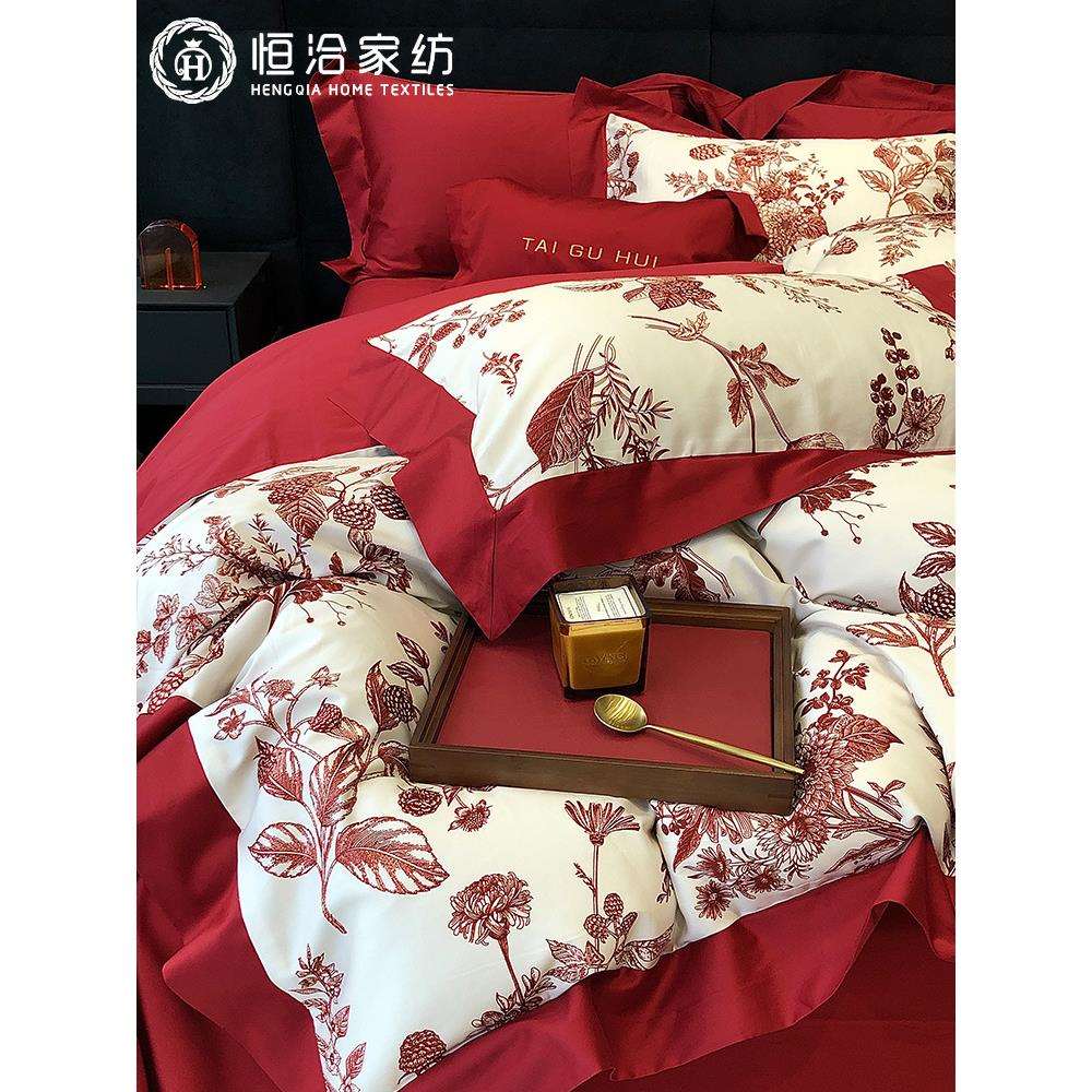 现代婚庆全棉四件套纯棉结婚花卉数码印花被套床上用品床笠红色