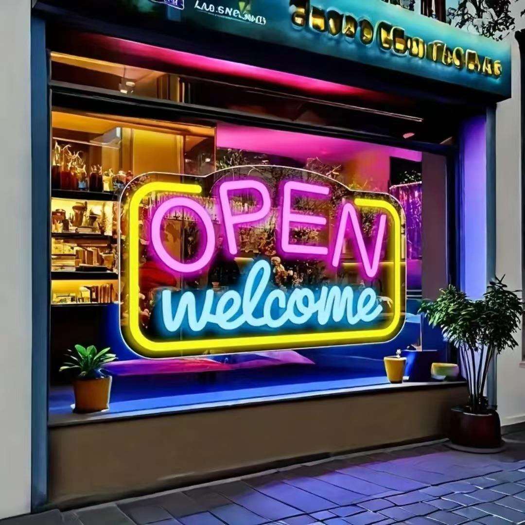 亚马逊跨境led霓虹灯欢迎光临店铺装饰贴纸创意奶茶橱窗玻璃心形