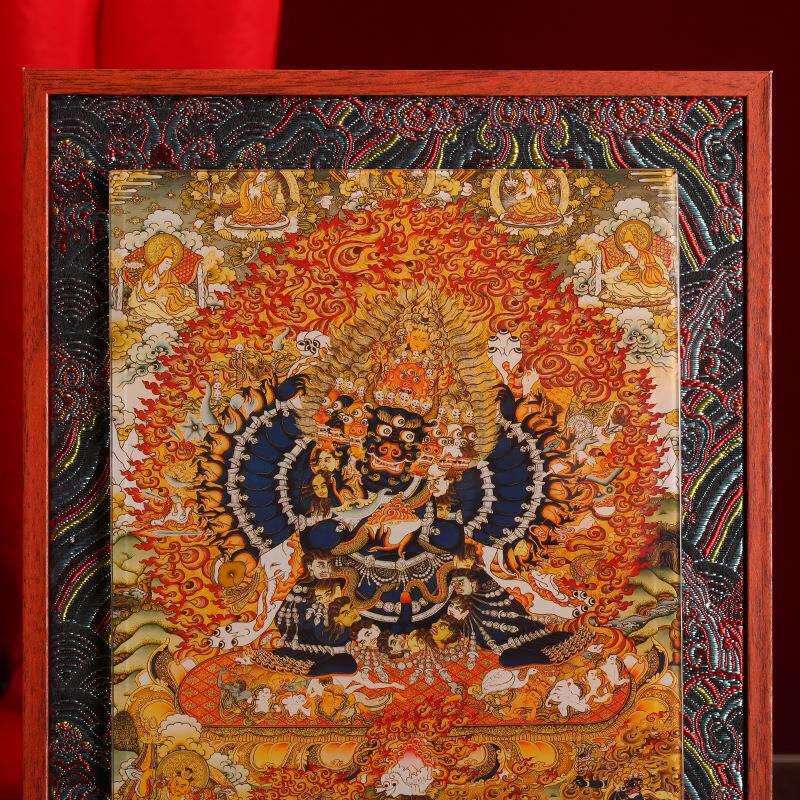 藏式大威德金刚布艺实木玻璃相框摆件挂画装饰家用十相自在唐卡图