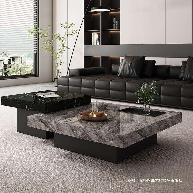 意式轻奢岩板茶几组合现代简约客厅家用方形高低边几