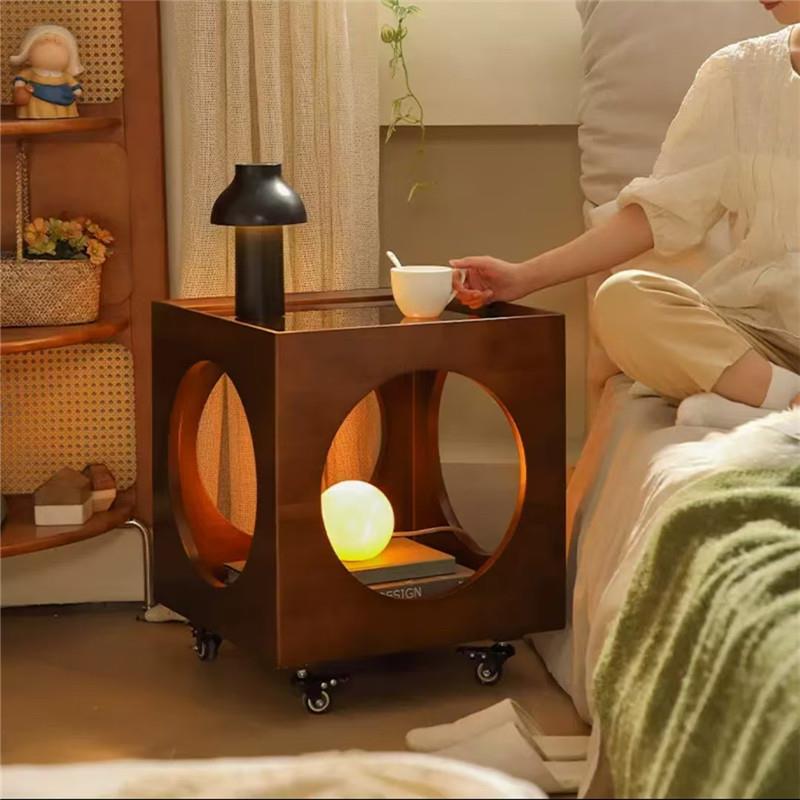 中古风可移动边几藤编实木小茶几客厅沙发推车床头柜创意置物架子