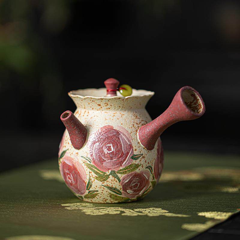 手绘青花火石红玫瑰花茶壶家用陶瓷侧把壶中式复古手工泡茶器