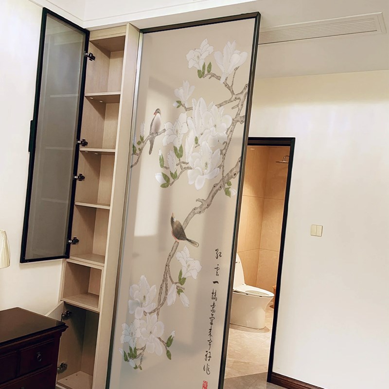 夹丝玻璃定制入户玄关屏风隔断双层钢化夹绢艺术玻璃背景墙装饰画