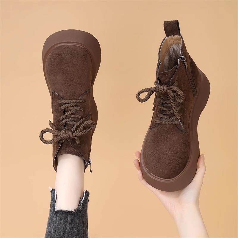 品牌断码厚底马丁靴女款2025冬季加绒防滑复古翻毛皮棉鞋雪地靴