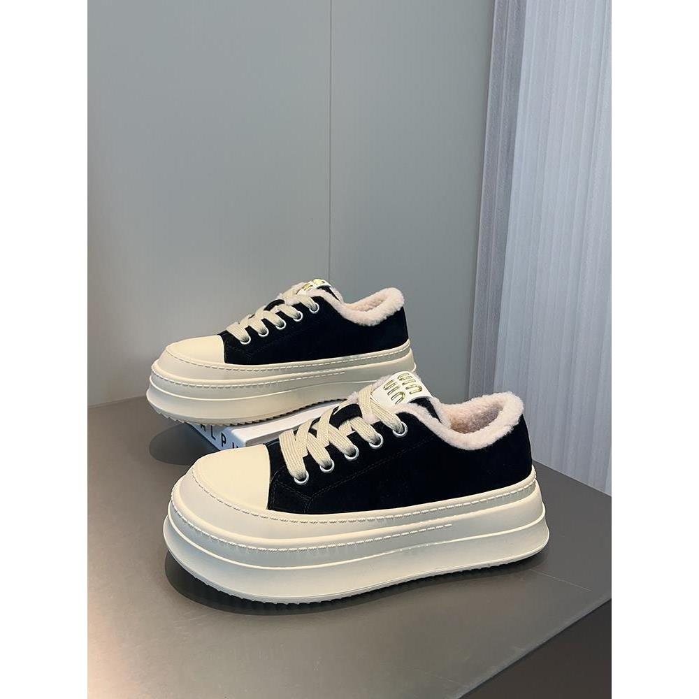 爆款皮面厚底大头加绒板鞋女鞋2025冬季新款运动休闲鞋圆头面包鞋