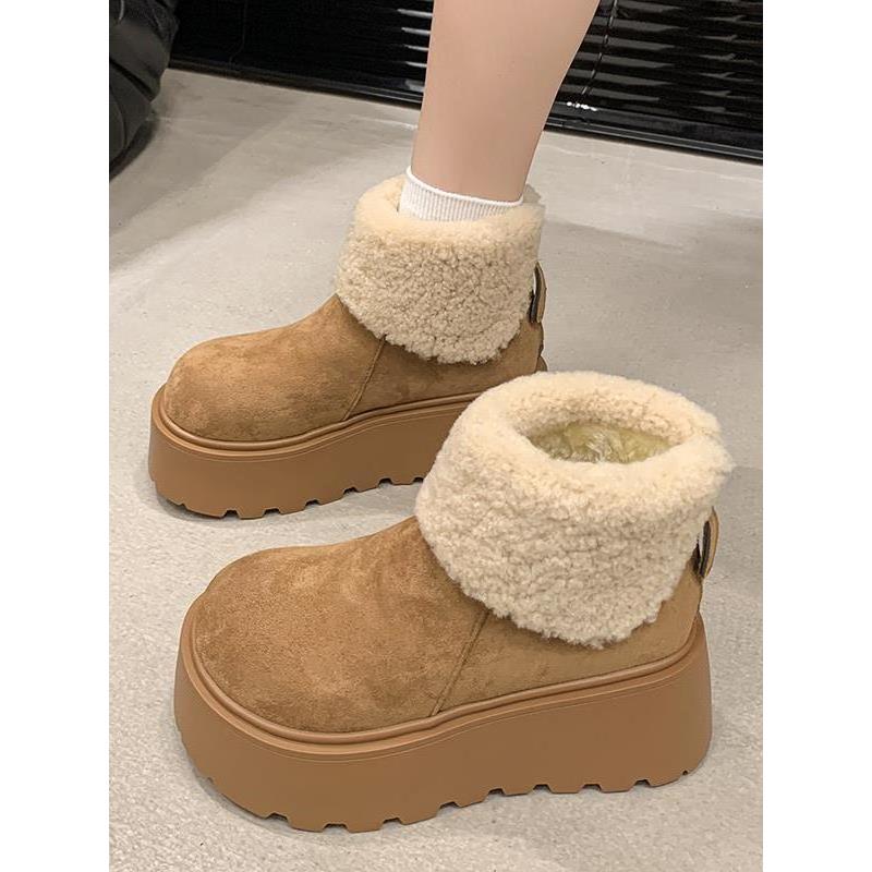 欧货磨砂皮羊羔绒翻领两穿毛毛雪地棉靴厚底松糕小个子超高跟短靴