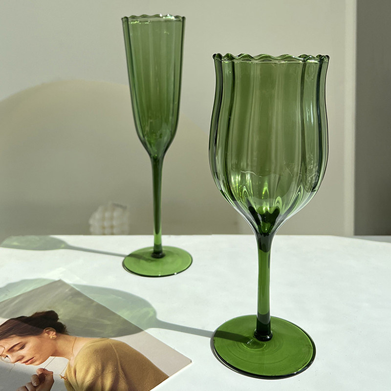 态生活花朵中f古风法式人工吹制绿色高脚葡萄酒杯香槟杯家用红酒