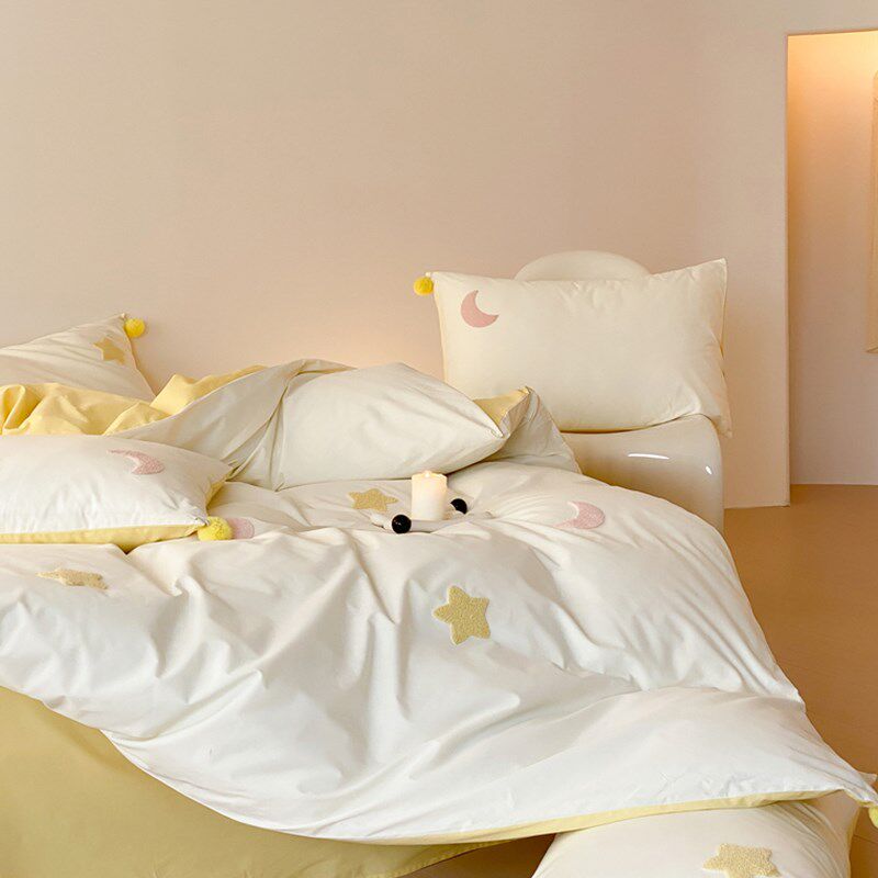 元气黄水洗棉星h星月亮刺绣毛球球四件套1.5m1.8米全棉床单少女心