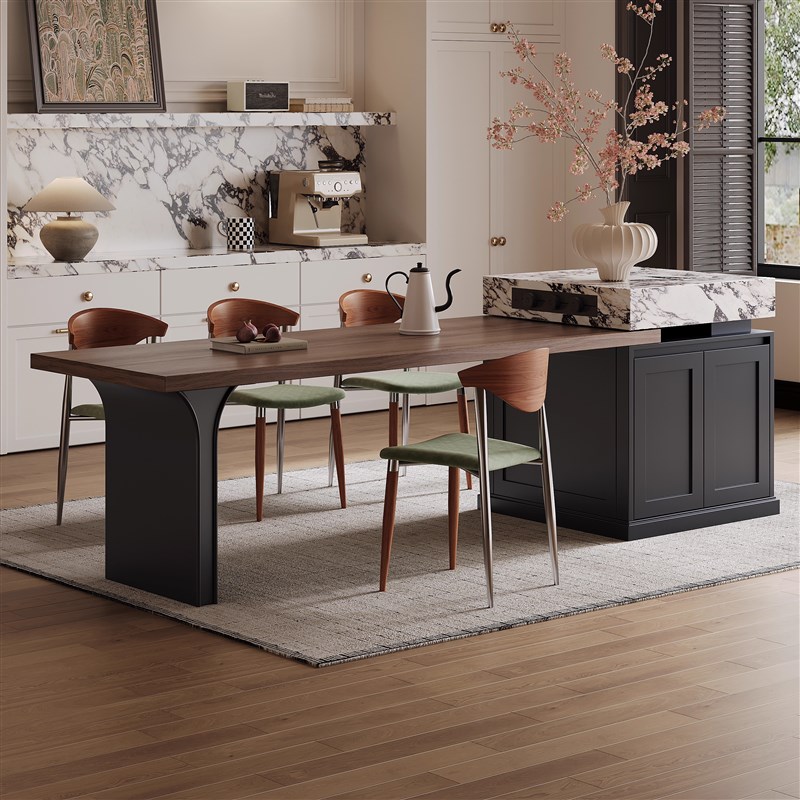 法式中古风胡桃木k纹包边岩板岛台餐桌一体家用客饭厅可伸缩中岛