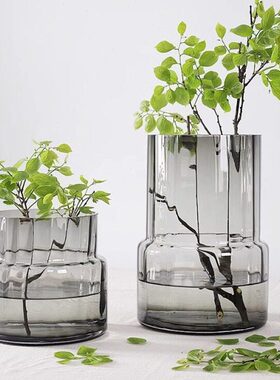 绿色极简矮大胖插花花瓶花瓶大号玻璃水培口鲜花花器轻奢现代