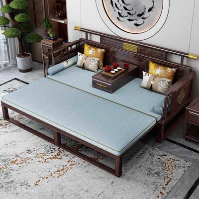 乌金木罗汉床新中式小户型实木推拉床茶桌椅组合沙发两用抽拉床
