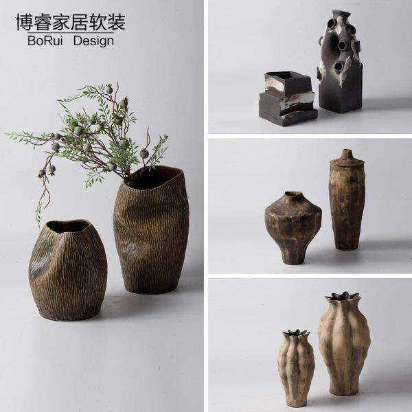 新中式侘寂风陶瓷花瓶摆件样板间客厅餐桌黄古铜色创意花器装饰品