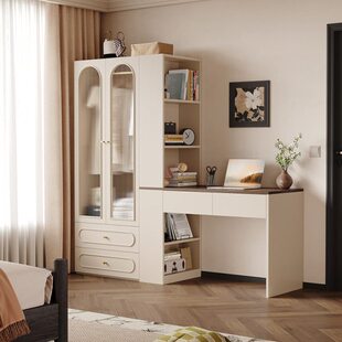 卧室床书桌一体头组合奶油风小户型收纳柜定制衣柜法式 复古储物柜