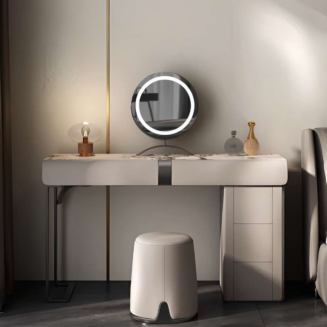 意式梳妆台简约时尚大气化妆间极简化妆桌家用岩板床头桌椅储蓄柜