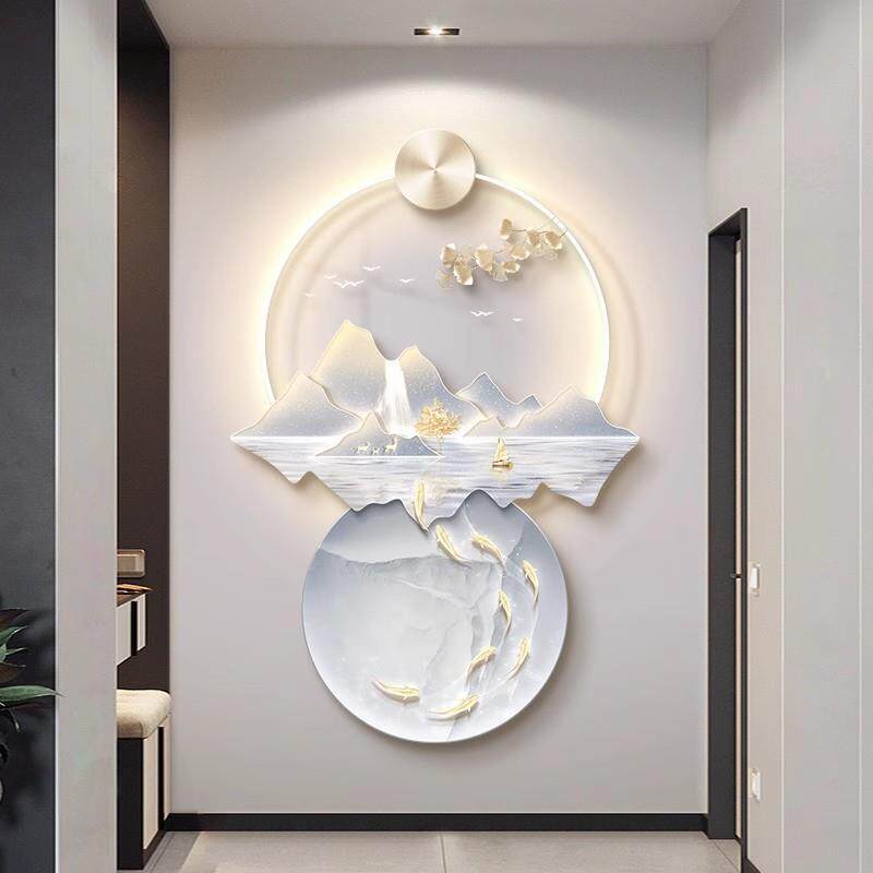 现代轻奢玄关装饰画山水入户门正对墙挂画走廊过道寓意好壁画带灯