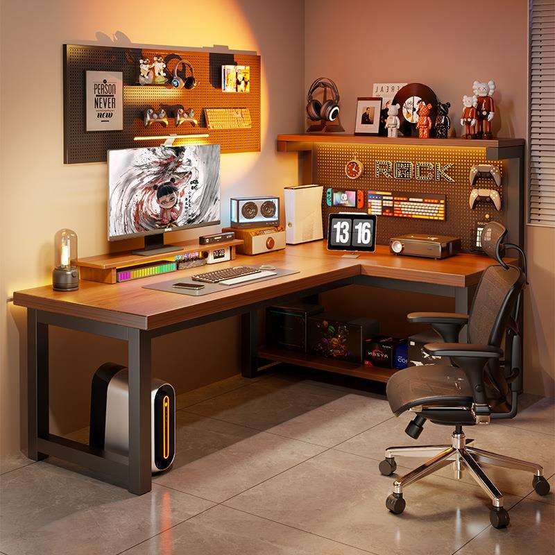 书房转角电脑桌卧室家用台式书桌书架一体双人电竞桌拐角办公桌子