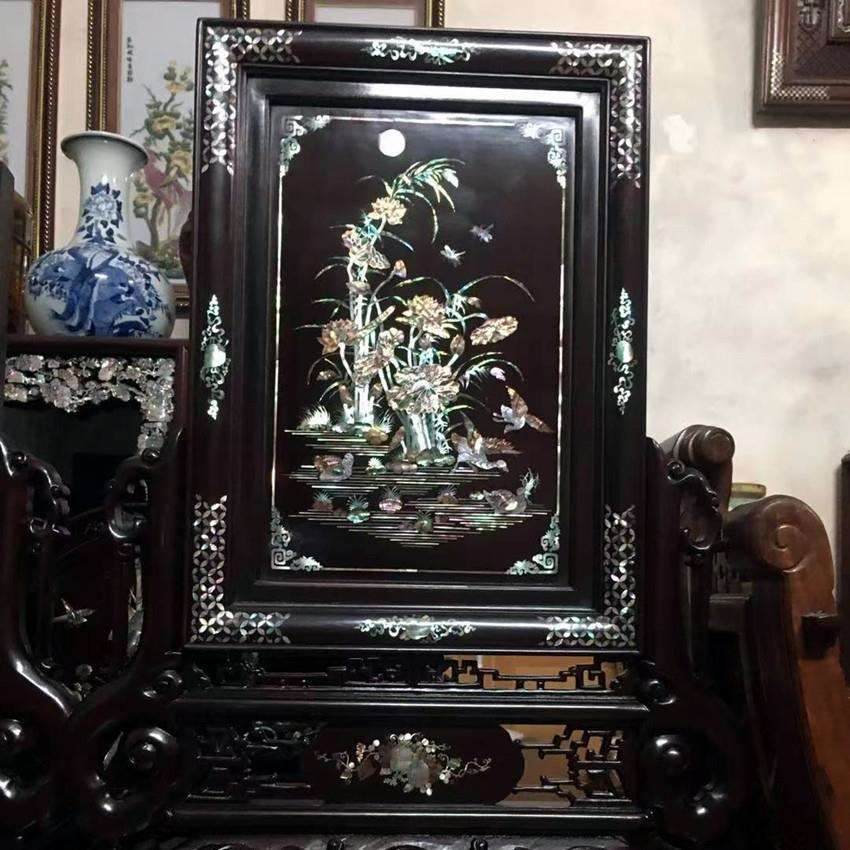 贝壳螺钿镶嵌玄关屏风实木鲍鱼贝雕桌面小屏风新古典家居贝饰摆件