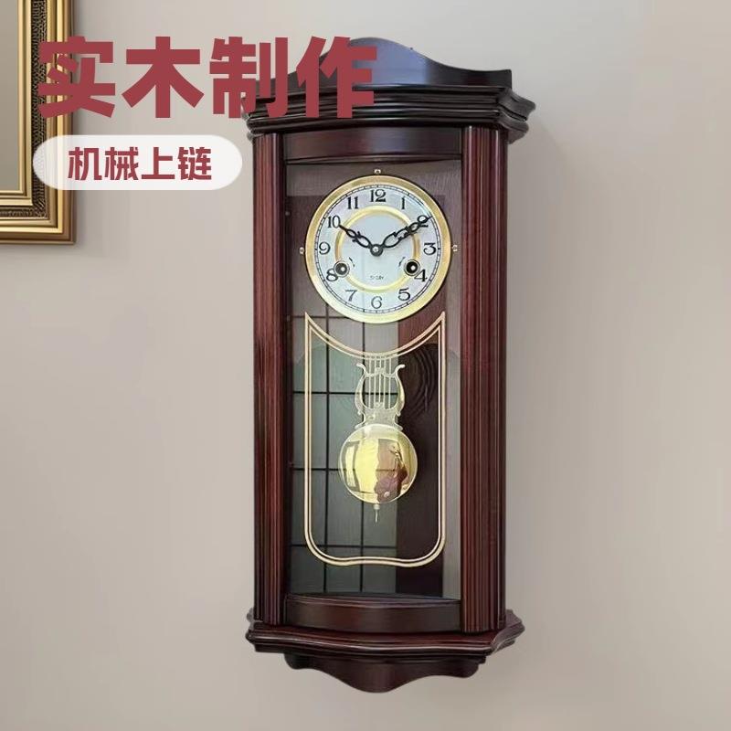 实木机械挂钟新中式整点报时上链发条挂钟打响老式欧式钟表美式