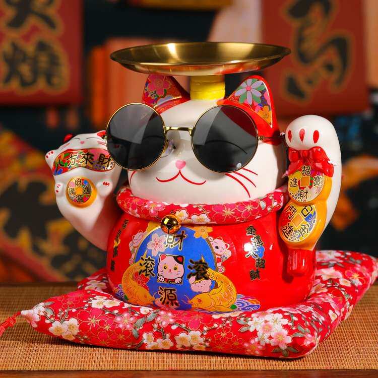 9寸招财猫发财猫陶瓷红猫喜猫创意日式发财猫存钱罐店铺家居摆件