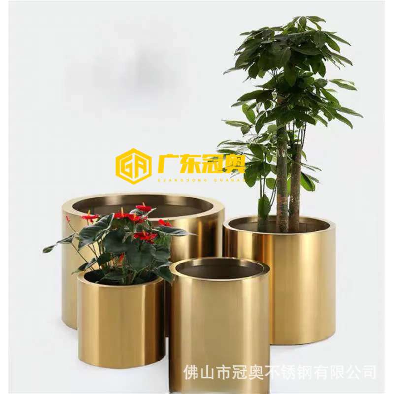 香槟金拉丝不锈钢圆柱形花池 园林景区山庄广场不锈钢花盆