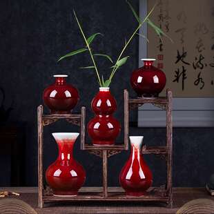 景德镇迷你窑变郎红小花瓶创意插花水培陶瓷摆件家居茶桌装饰品