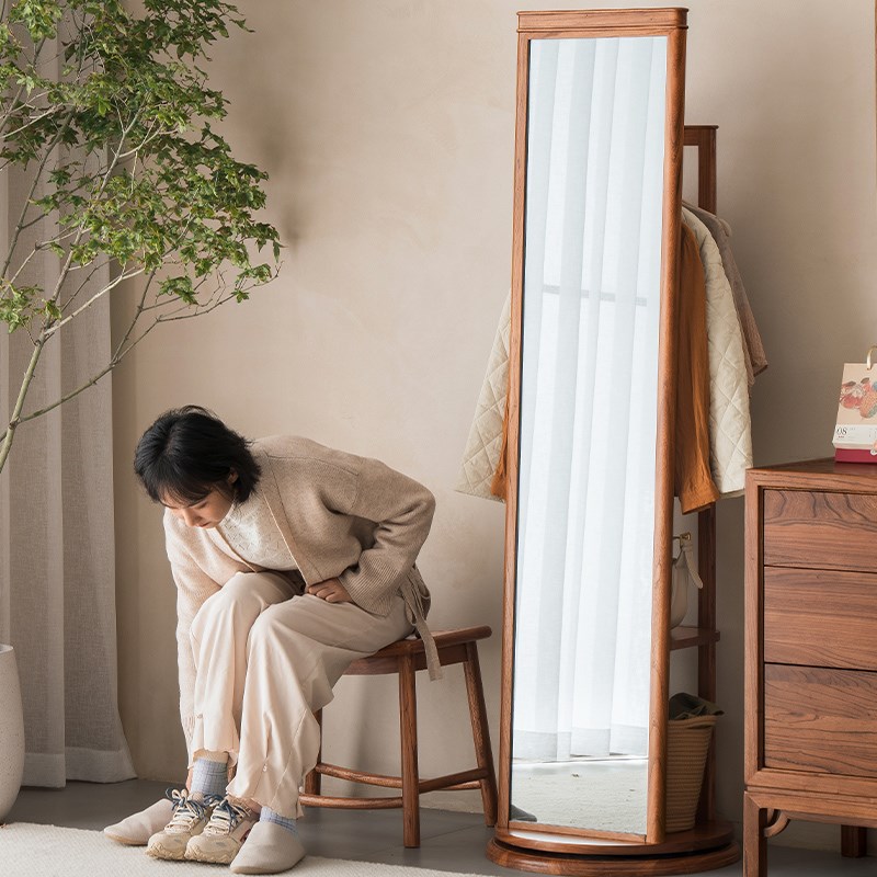 溪木工坊实木穿衣镜新中式家用落地镜全身镜卧室Z衣帽架镜子