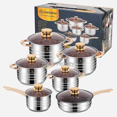 复底加厚EB不锈钢12件套装锅pot单柄煎锅套锅烹饪锅kitchenware