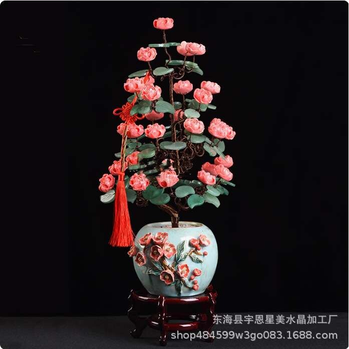 天然水晶树牡丹花摇钱树开业送礼招财树家居花开富贵发财风水摆件