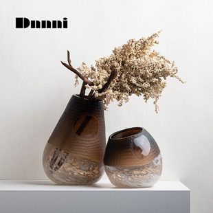 Dnnni刻纹斜口花器手工玻璃创意摆件客厅家居饰品样板间酒店花瓶
