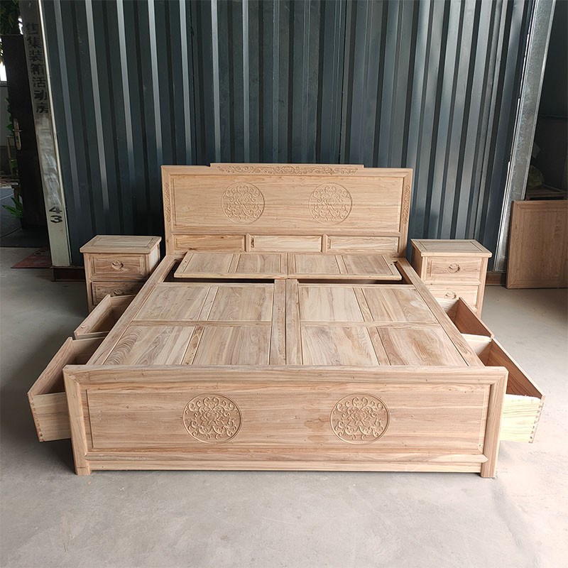 储物老榆木实木双人床白茬箱式抽屉北F方明清古典新中式高箱床白