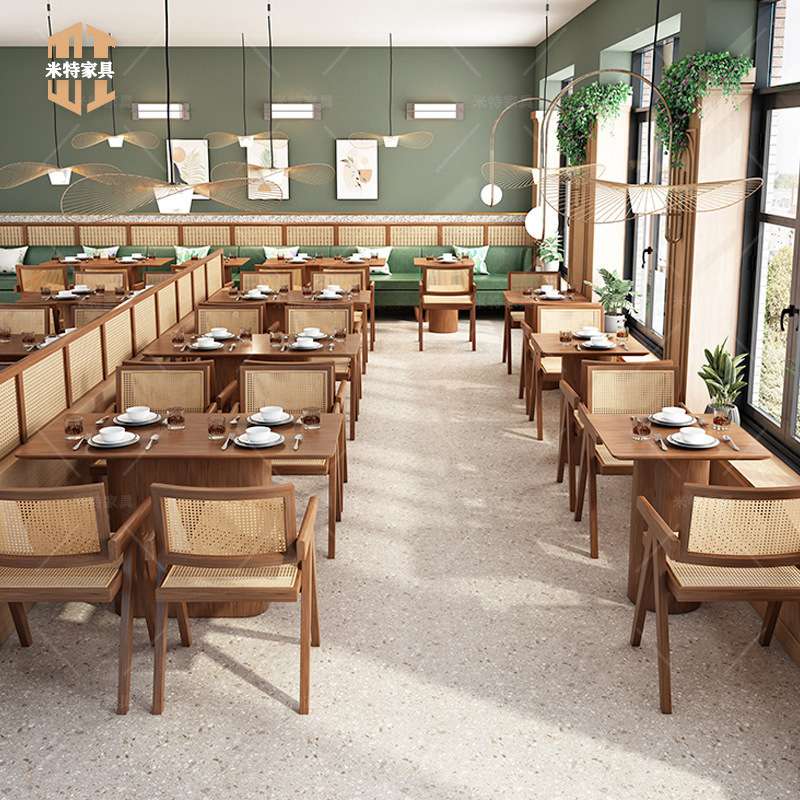 实木藤编西餐厅卡座沙发奶茶店港式茶餐厅咖啡小吃连锁店桌椅组合