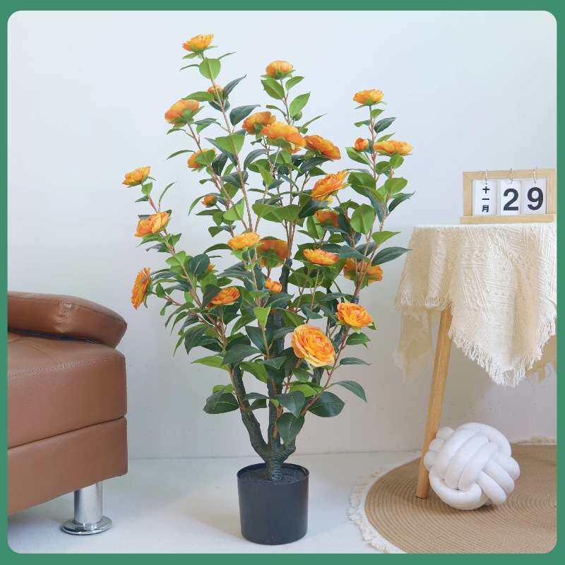 跨境仿真绿植仿真山茶花树室内摆件装饰客厅人造花玫瑰盆栽植物