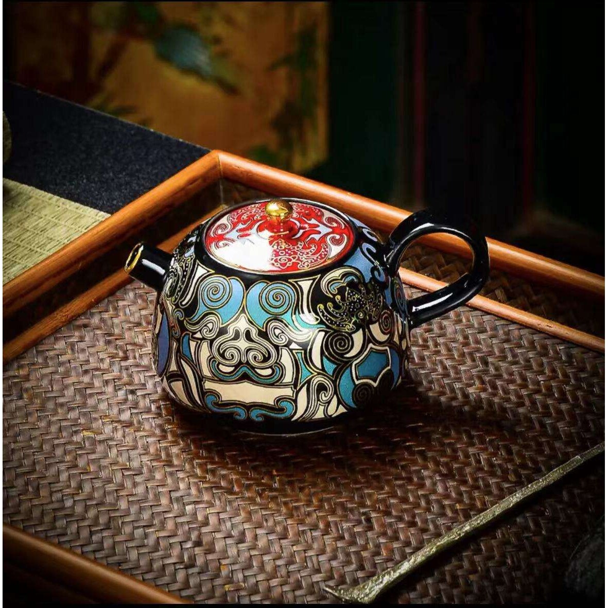 家用单壶小号功夫泡茶壶金银错拓片工艺撞色饕餮茶壶中式陶瓷茶具