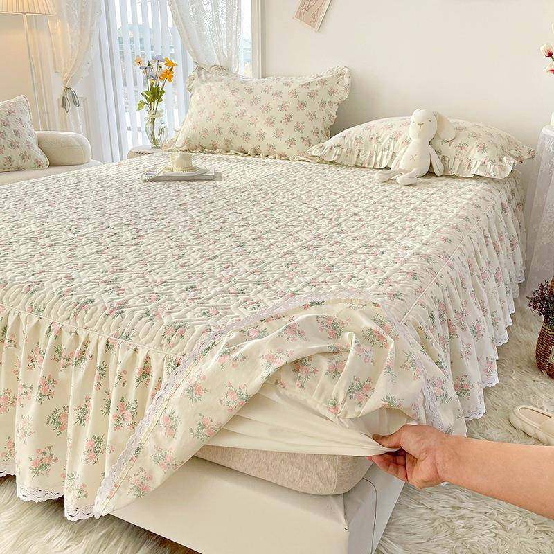 小清新全棉床笠式床裙款三件套夹棉花边床罩席梦思床垫防滑床单++