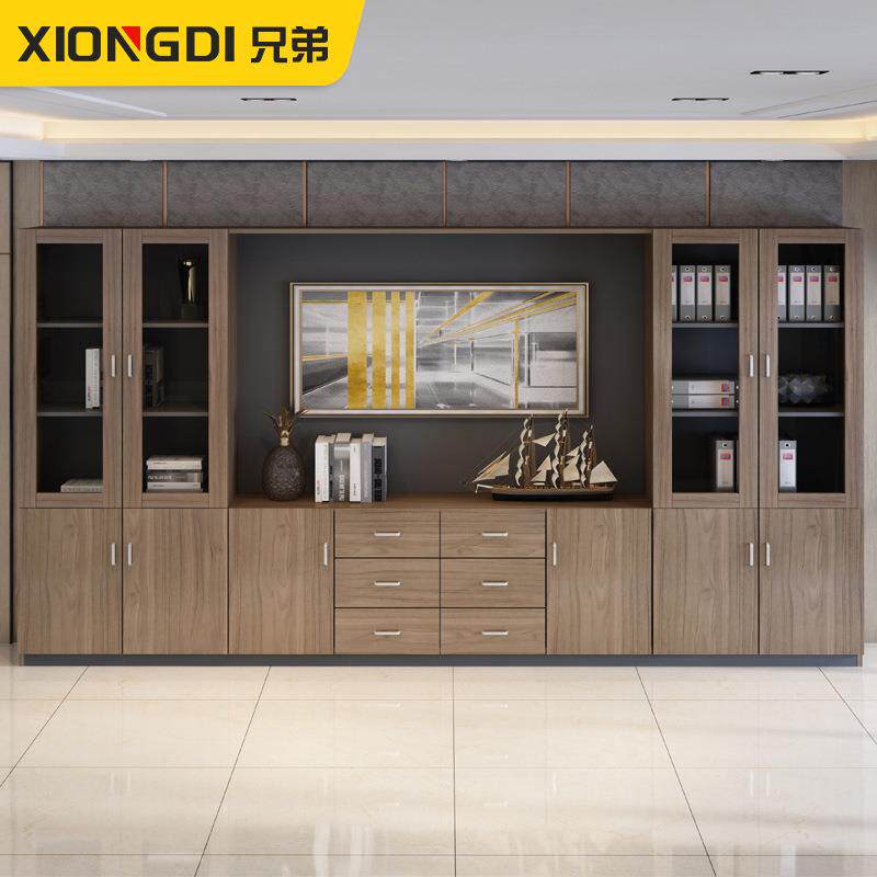 木质文件柜办公室书柜老板桌背景柜子抽屉式办公资料柜玻璃门高柜