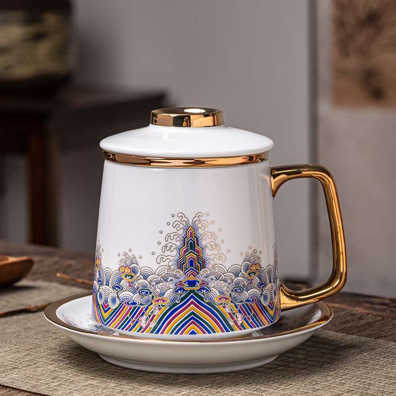 【瑞喆堂】玉白办公杯陶瓷杯带盖过滤杯子茶水分离杯家用马克杯