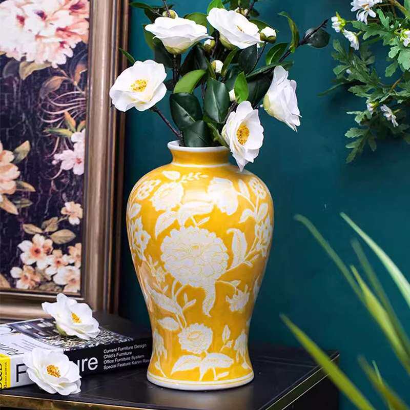 黄色陶瓷花瓶干花鲜花陶瓷花插瓶家居客厅桌面玄关创意摆件