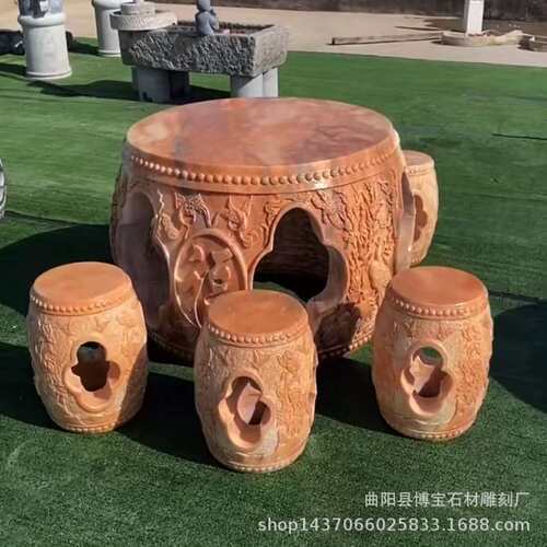 晚霞红石鼓桌子大理石石桌石凳一套镂空圆鼓石桌子庭院摆件厂家