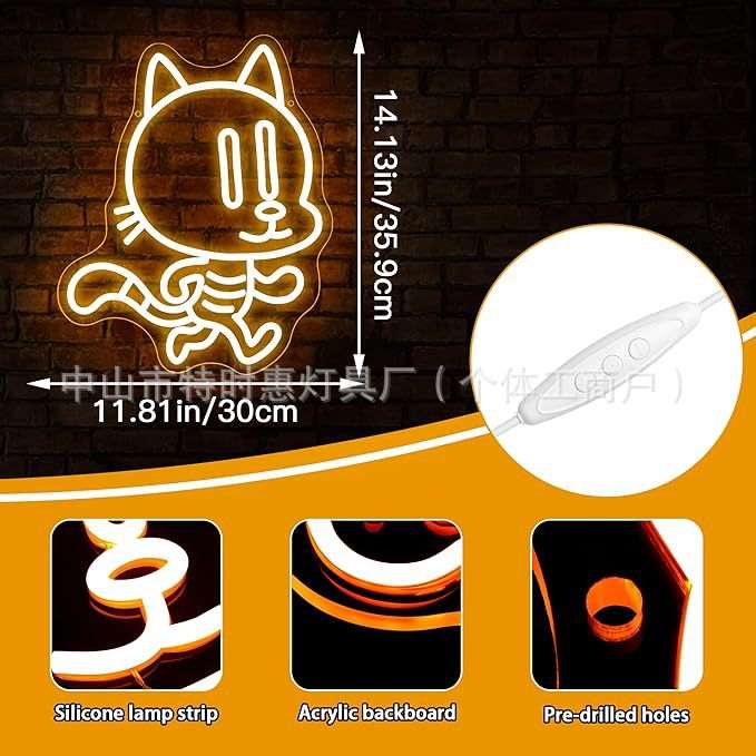跨境热卖霓虹灯Cat招财猫氛围灯面馆发光招牌猫咪嗦粉LED发光灯牌