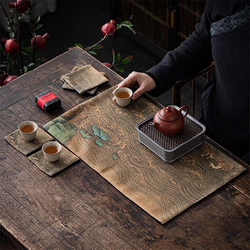 国潮古画茶道空间千里江山收纳旅行防水茶壶茶杯垫个人茶席桌旗