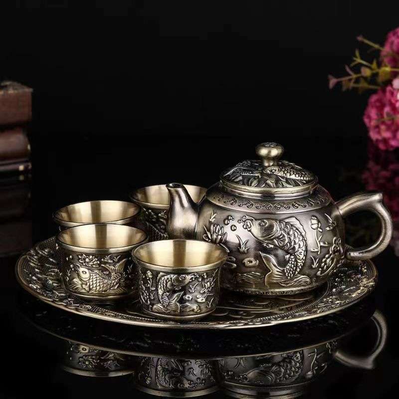 仿古青铜茶具套装中式欧式茶杯六件套送礼家用高档锦鲤茶壶摆件