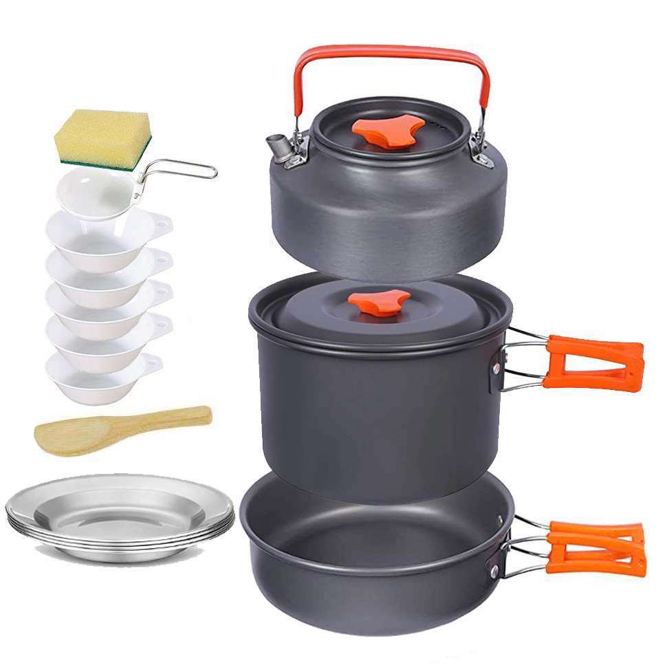 亚马逊4-5人户外套锅茶壶套餐 野营锅具1.6L烧水壶套装野炊餐具