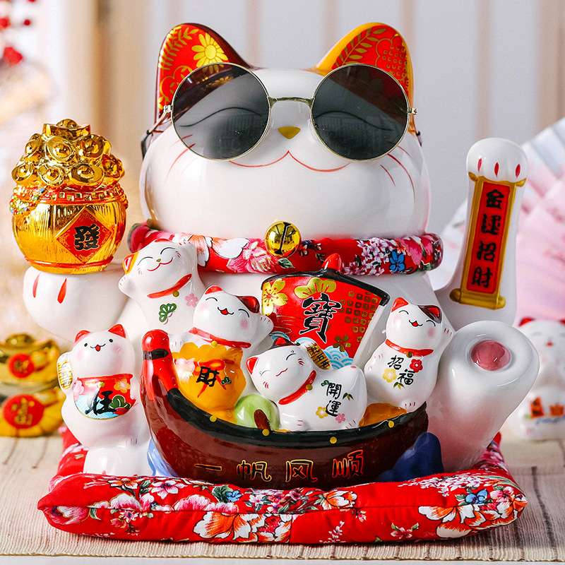 大号12寸招财猫电自动摇手电池发财猫收银台摆件红色吉祥福建陶瓷