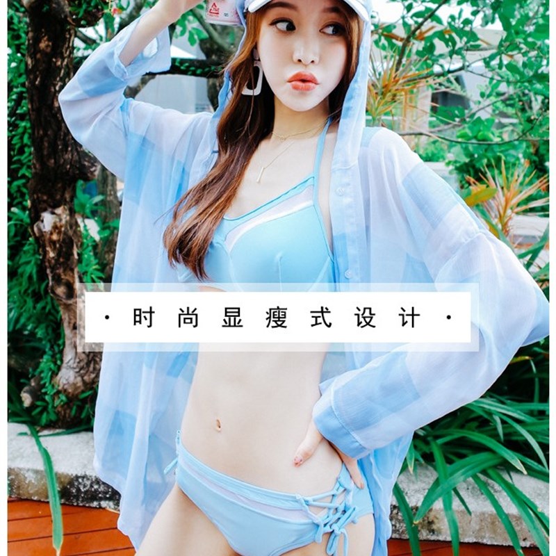 渡假清新~防晒泳衣女三件套比基尼防晒罩衫性感小胸聚拢分体泳装